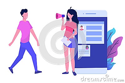 Refer a friend, shout on megaphone, flat style concept. Sharing Referral Code. Vector Illustration