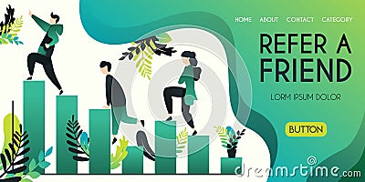 Refer a friend vector illustration concept, group of people climbing and climbing char bar statistics with refer a friend word , c Vector Illustration