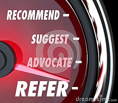Refer Suggest Advocate Recommend Speedometer Stock Photo