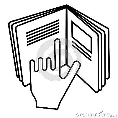 Refer to insert symbol used on cosmetics products. Sign displaying hand pointing to text in open book meaning read instructions. Vector Illustration
