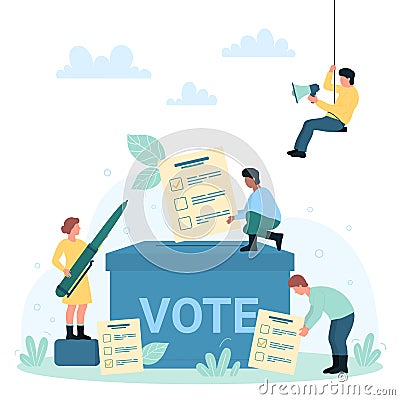 Referendum campaign, democracy and votes, tiny people putting ballot papers into box Vector Illustration