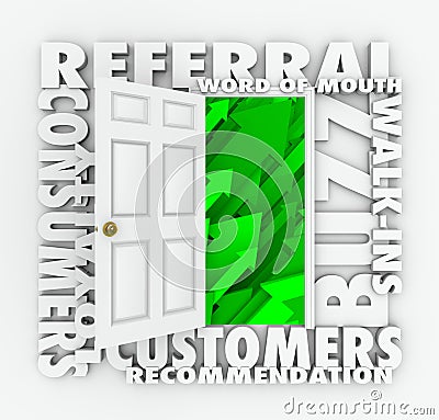 Referral Business Word of Mouth Customers Sales Growth Door Stock Photo