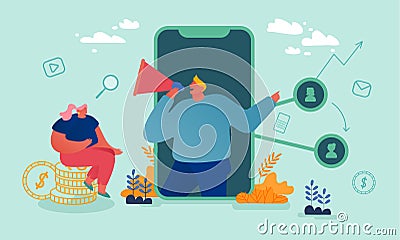 Referral Program Concept. Characters Invite Friends, Earn Prize and Discount. Woman Sitting on Money Pile Vector Illustration