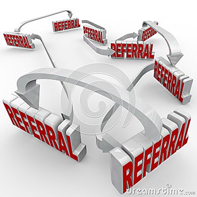 Referrals 3d Words Connected Arrows New Customers Word of Mouth Stock Photo