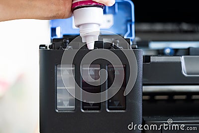 Refill ink cartridges, printer Inkjet colors. Repairs and Maintenance inkjet printers Stock Photo