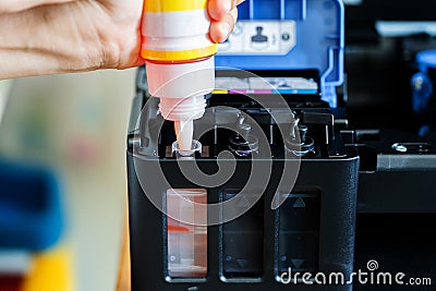 Refill ink cartridges, printer Inkjet colors. Repairs and Maintenance inkjet printers Stock Photo