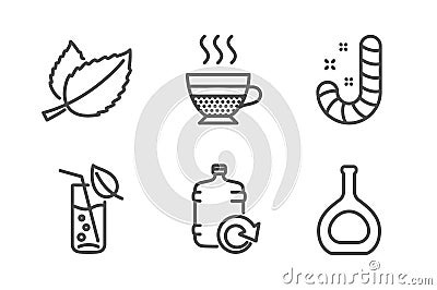 Refill water, Mint leaves and Water glass icons set. Cafe creme, Candy and Cognac bottle signs. Vector Vector Illustration