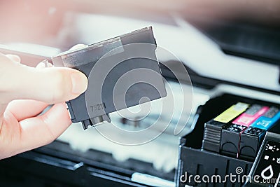 Refilling third party printer cartridges; inkjet Stock Photo