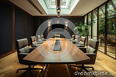 Refined boardroom setup rectangular black table, comfy brown upholstered chairs Stock Photo