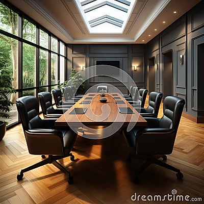 Refined boardroom setup rectangular black table, comfy brown upholstered chairs Stock Photo