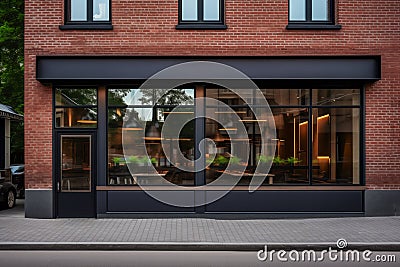 Refined Brickwork Eatery with Large Street-Facing Windows and Warm Interior Lighting. Stock Photo