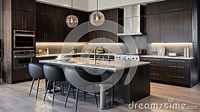 Refined Chic with Glossy Brown Kitchen Cabinets Stock Photo