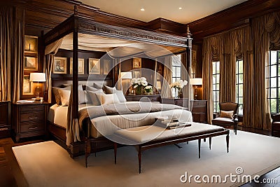 A refined master bedroom with a four-poster canopy bed, custom silk draperies, Stock Photo