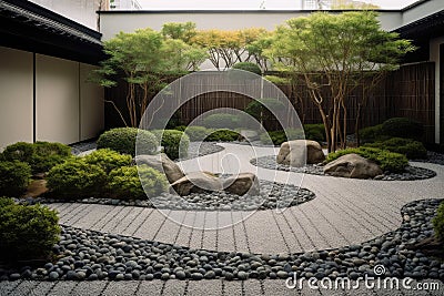 refined and minimalist garden with paths of pebbles and stepping stones Stock Photo