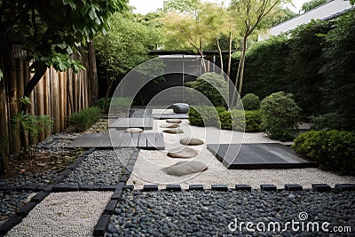 refined and minimalist garden with paths of pebbles and stepping stones Stock Photo