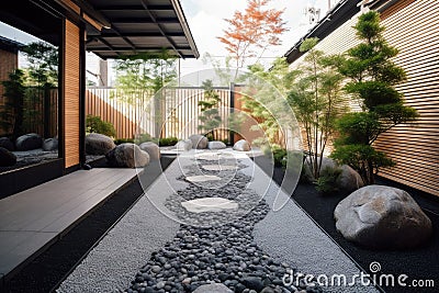 refined and minimalist garden with paths of pebbles and stepping stones Stock Photo