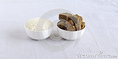 Refined Sugar and Unrefined Sweetener Jaggery Stock Photo