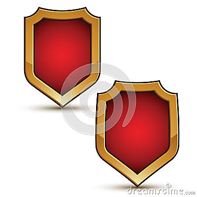 Refined vector red shield shape emblems with golden borders, 3d Vector Illustration