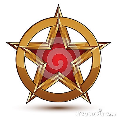 Refined vector red star emblem with golden borders, 3d pentagonal design element, clear EPS 8. 3d golden ring, polished glossy si Vector Illustration