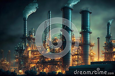 refinery chemical factory at night with buildings, pipelines and illuminated industry plant Stock Photo