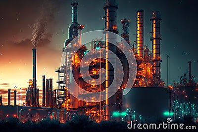 refinery chemical factory at night with buildings, pipelines and illuminated industry plant Stock Photo