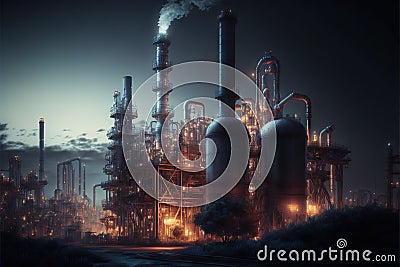 Refinery chemical factory at night with buildings, pipelines and illuminated industry plant Stock Photo