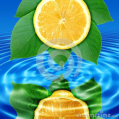 Reflect lemon-slice and leaf in water Stock Photo