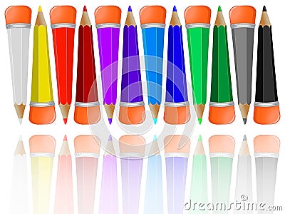 Reflected pencils collection with rubbers Vector Illustration