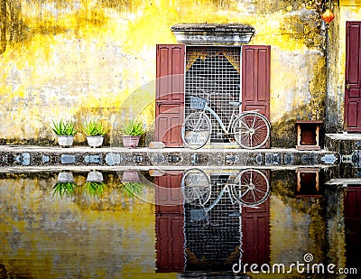 A reflection of a bicycle in hoi-an Stock Photo