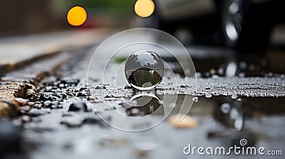 a reflection of a car in a puddle of water Stock Photo