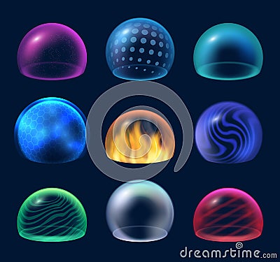 Reflection energy shield. Transparent glossy sphere security environment circles decent vector realistic illustrations Vector Illustration