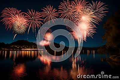 A reflection of fireworks in a calm, tranquil lake Stock Photo