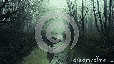 A reflection of a ghostly figure in a forest stream. On a spooky foggy misty day. With a dark moody edit Stock Photo