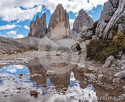 Reflection of the iconic Drei Zinnen mountains in the South Tirolese Dolomite alps Stock Photo