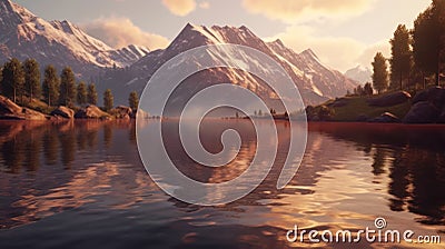 Reflection of a lake at the foot of the mountains in the evening. It represents a natural environment in silence and peace. Stock Photo
