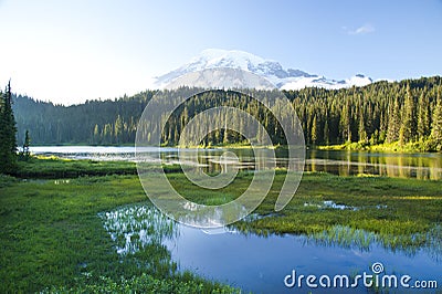 Reflection Lake and Mount Ranier volcano Stock Photo