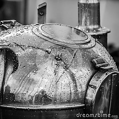 Reflection of a mast in an old ship compass. Black and white photo Stock Photo