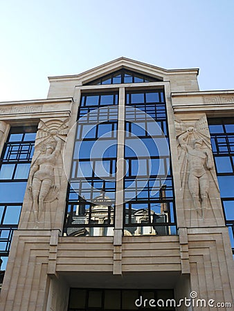 Reflection on a modern facade and old in Reims Editorial Stock Photo