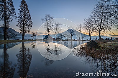 Reflection of mount Fuji taken from Fumotopara Fuji camp Stock Photo