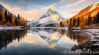 The reflection of a mountain in a golden lake Stock Photo