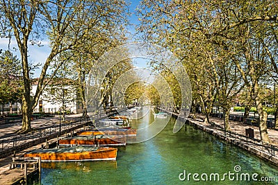 Reflection of Pont des Amours Bridge of Love in Annecy, France Stock Photo