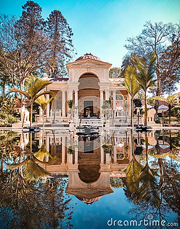 Reflection of spring Pavilion. Garden of dreams in Kathmandu, Nepal. Stock Photo
