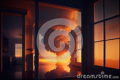 reflection of the sunset in a room with puffs of smoke from the window Stock Photo