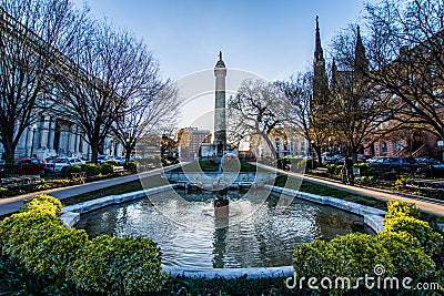 Reflection of the washington Monument from the pond in Mount Vernon Baltimore, Maryland Editorial Stock Photo