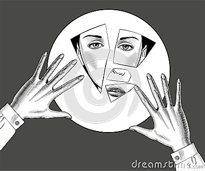 Reflection of the woman`s face in the shards of the mirror Vector Illustration