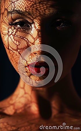 Reflection. Woman in Shadows with Reflection of Openwork Lace on her Face Stock Photo