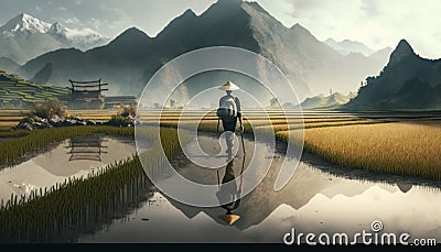 Reflections of Life: Chinese Farmer on Rice Paddy amid Picturesque Landscape Stock Photo