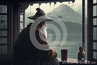 Reflections of Serenity: An Elderly Chinese Man Contemplating by the Lake in a Tea House Stock Photo