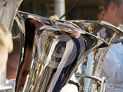 Reflections in trumpets during musical performance Stock Photo