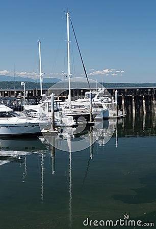 Reflections of white boat masts at Edmonds marina Stock Photo